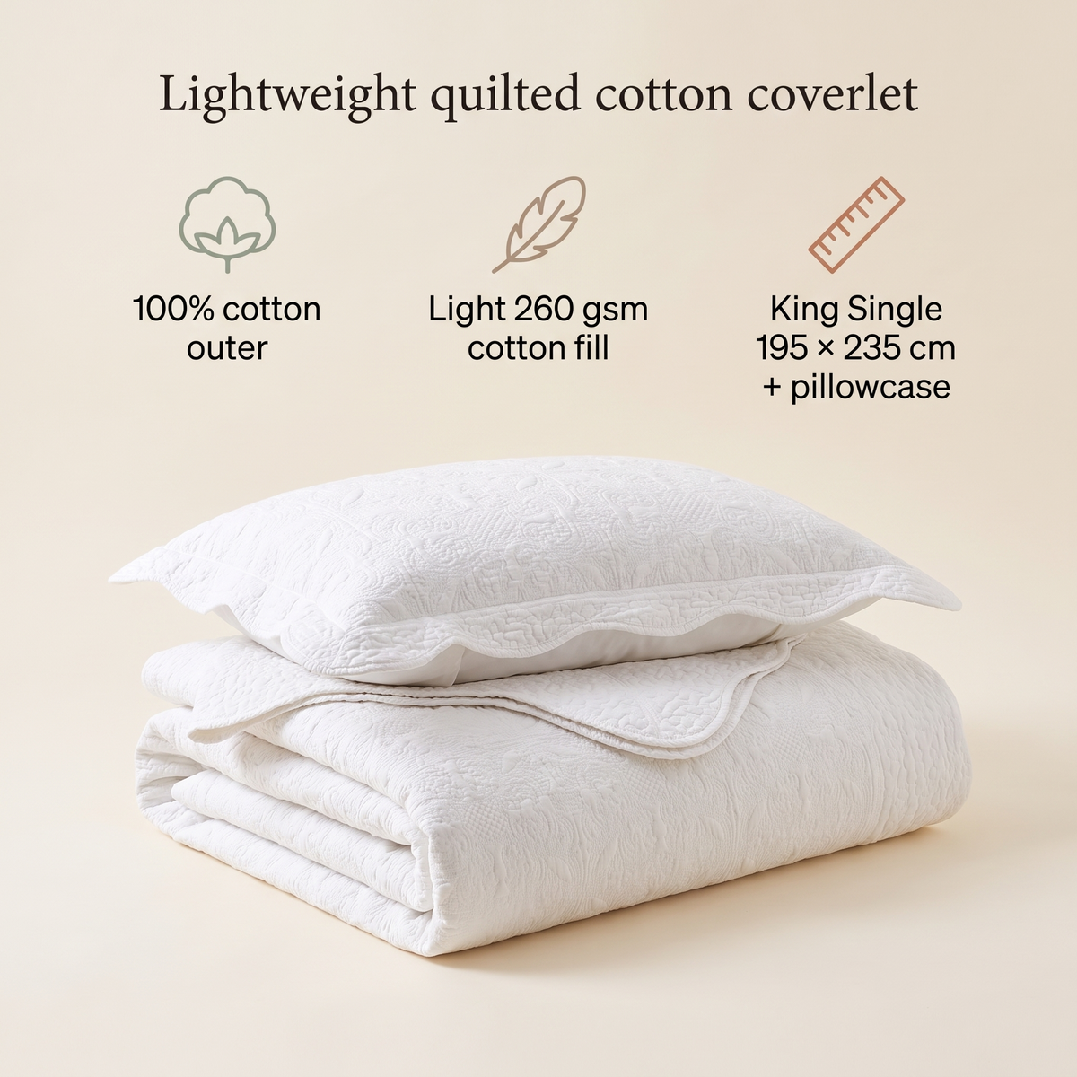 Quilted Cotton Coverlet Set with Pillowcase, Antique White – King Single