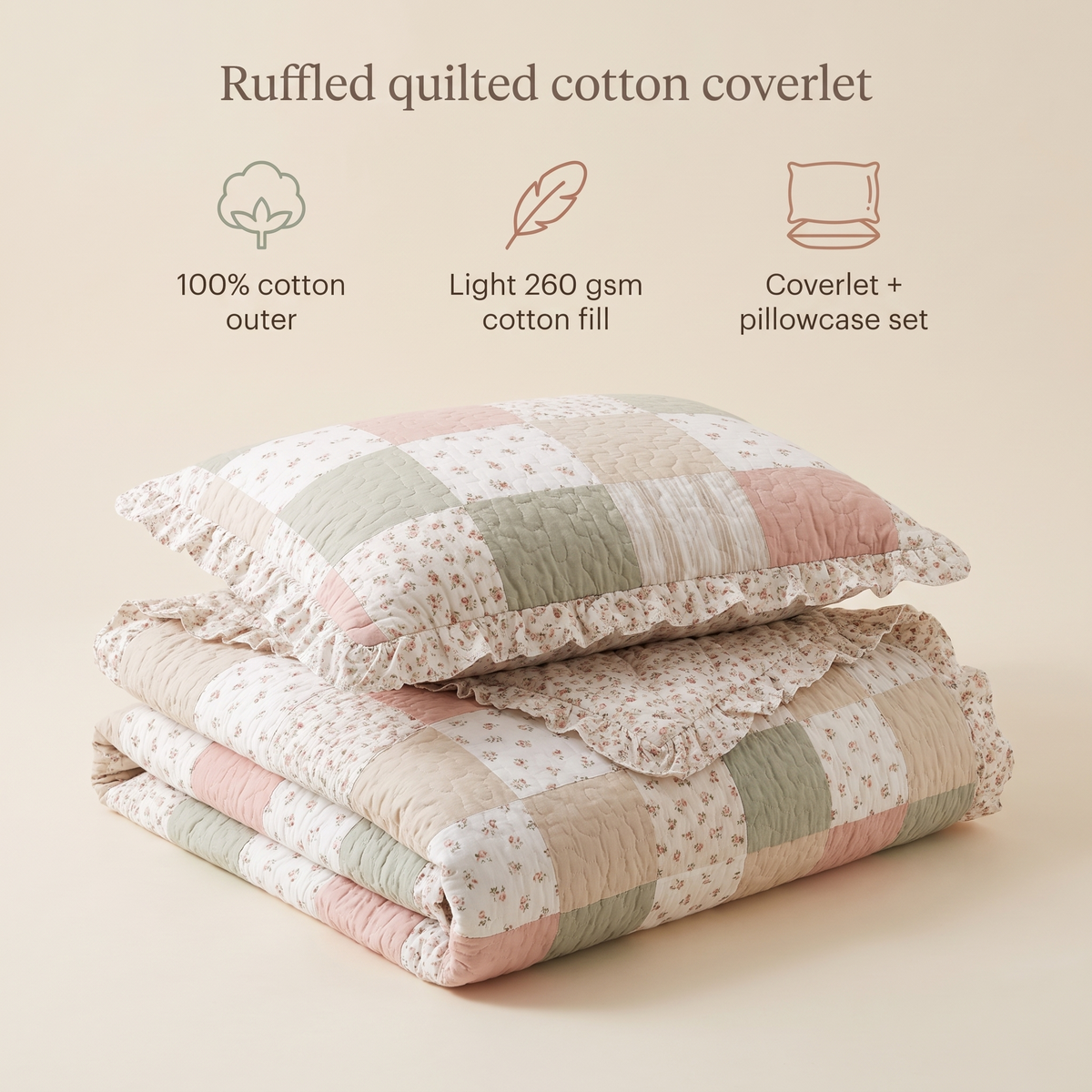 Ruffle Quilted Cotton Coverlet Set with Pillowcase, Blush Floral Patchwork – King Single