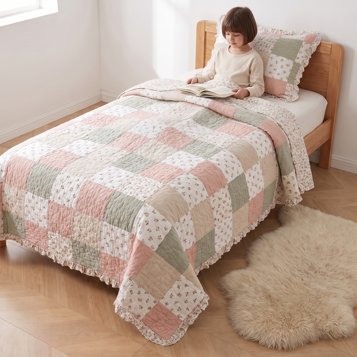 Ruffle Quilted Cotton Coverlet Set with Pillowcase, Blush Floral Patchwork – King Single