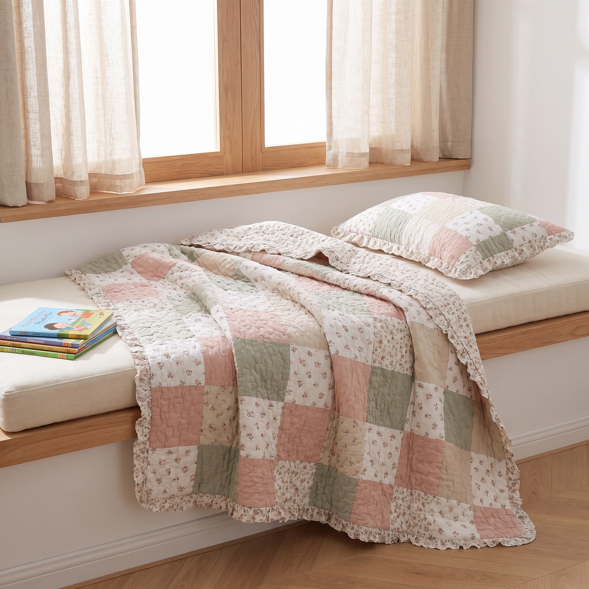 Ruffle Quilted Cotton Coverlet Set with Pillowcase, Blush Floral Patchwork – King Single