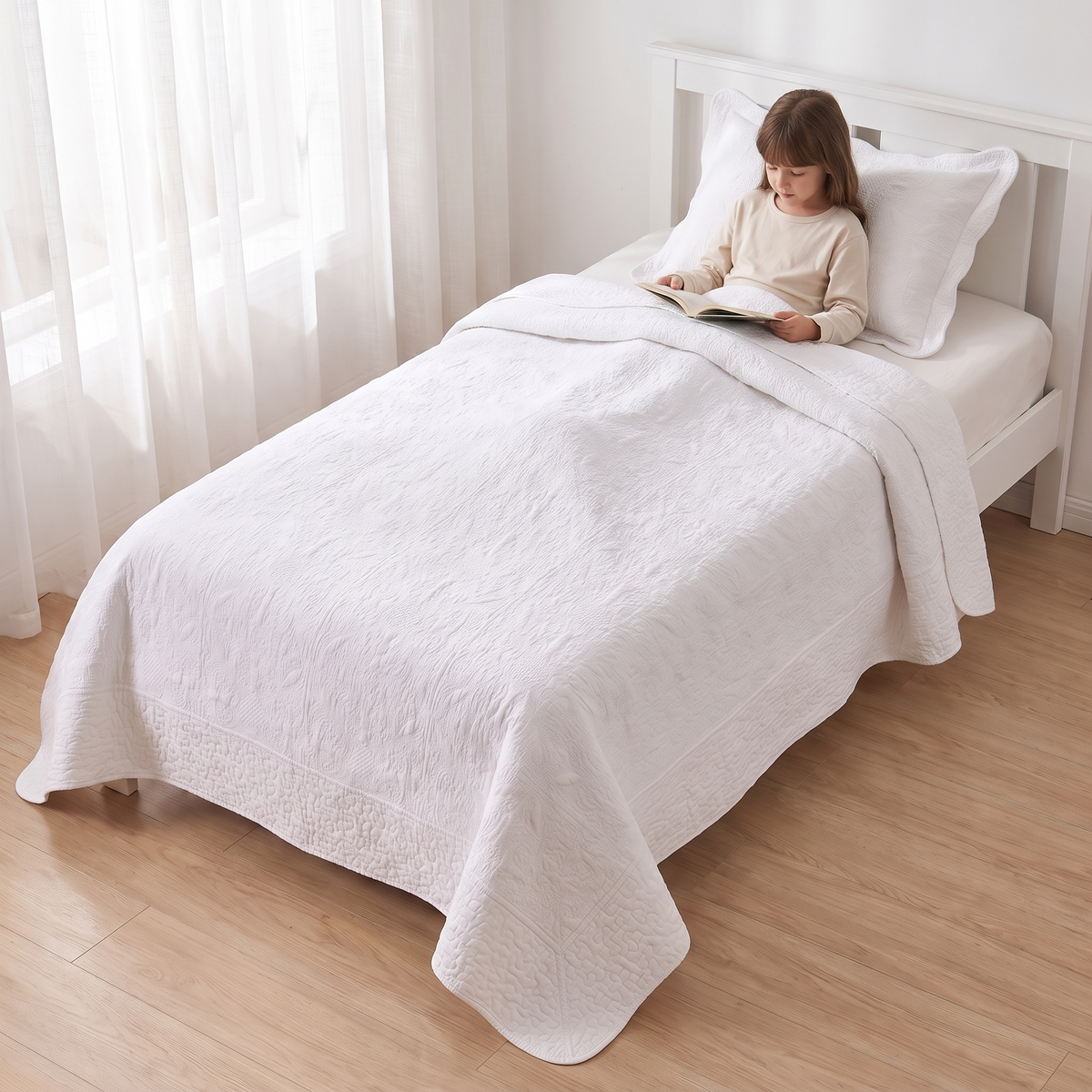 Quilted Cotton Coverlet Set with Pillowcase, Antique White – King Single