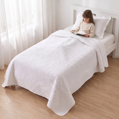 Quilted Cotton Coverlet Set with Pillowcase, Antique White – King Single