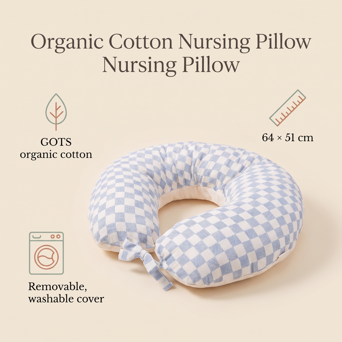 Cotton Nursing Pillow with Removable Washable Cover – Waves Print, 64 x 51 cm