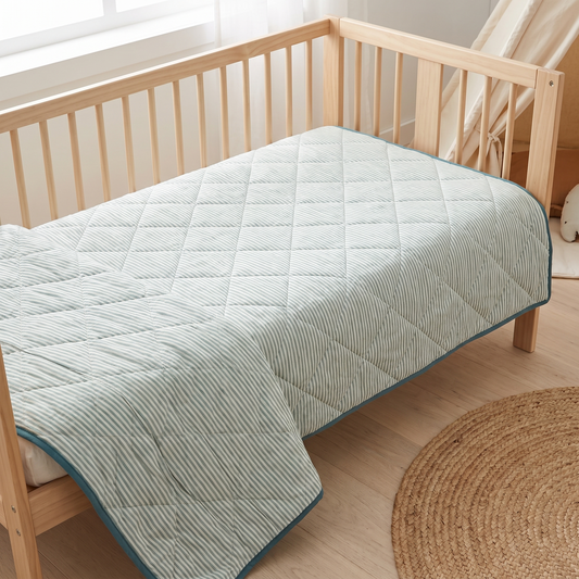 Quilted Cotton Voile Cot Bedspread with Cotton Fill, Sage Stripe – 100 x 120 cm