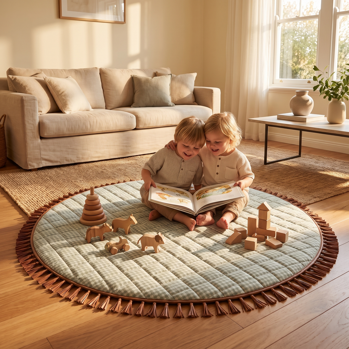 Quilted Cotton Jersey Round Play Mat with Tassel Trim – Sage Gingham, 110 cm