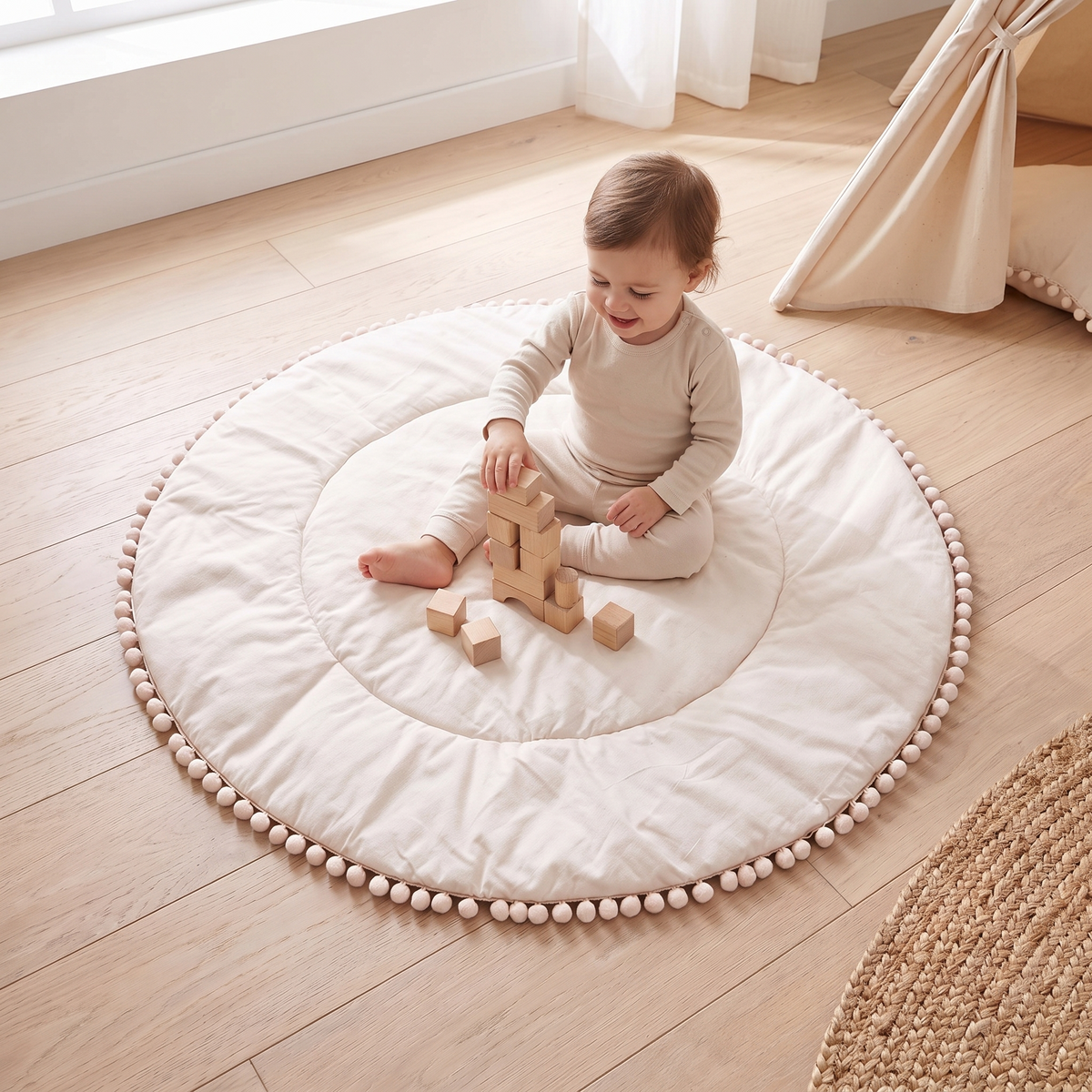 Quilted Cotton Round Play Mat with Pom-Pom Trim – Oat, 110 cm