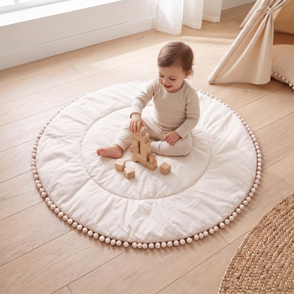 Quilted Cotton Round Play Mat with Pom-Pom Trim – Oat, 110 cm