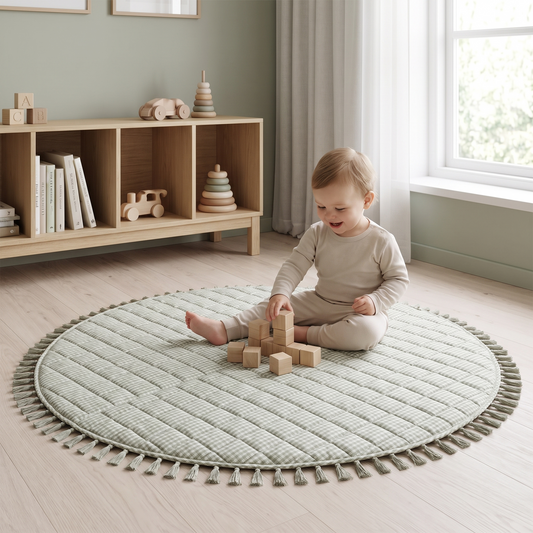 Quilted Cotton Jersey Round Play Mat with Tassel Trim – Sage Gingham, 110 cm