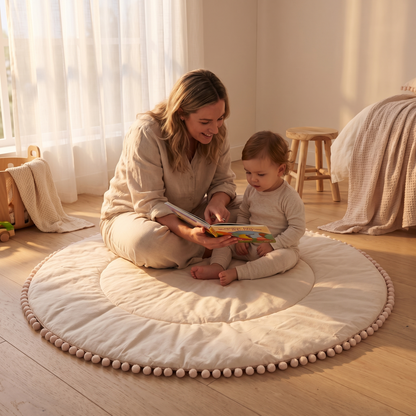 Quilted Cotton Round Play Mat with Pom-Pom Trim – Oat, 110 cm