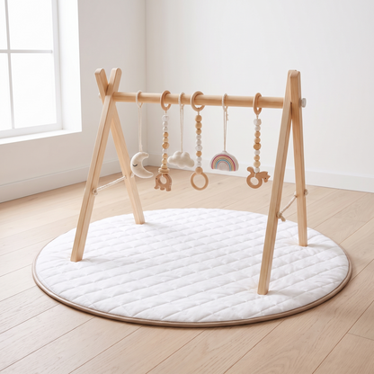 Wooden Play Gym Frame and Round Quilted Play Mat Set – Natural and Whisper White