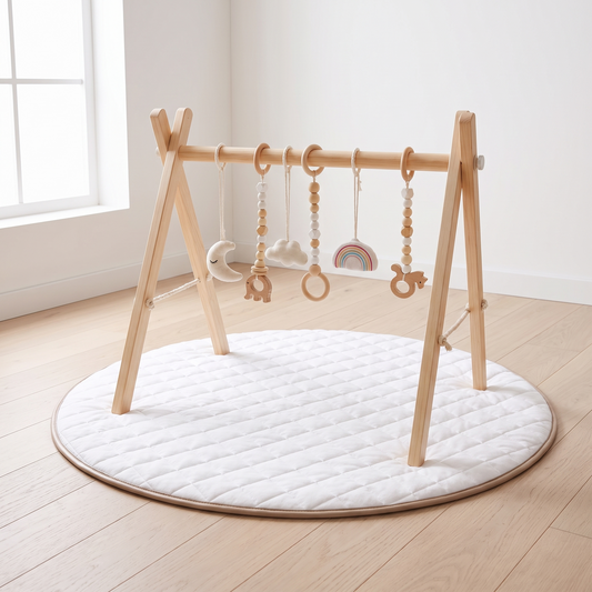 Wooden Play Gym Frame and Round Quilted Play Mat Set – Natural and Whisper White