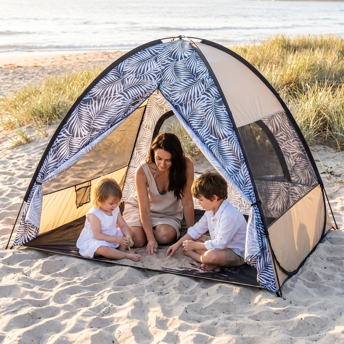 Family Pop-Up Beach Tent with Sand and Grass Pegs and Backpack, Sand Stripe