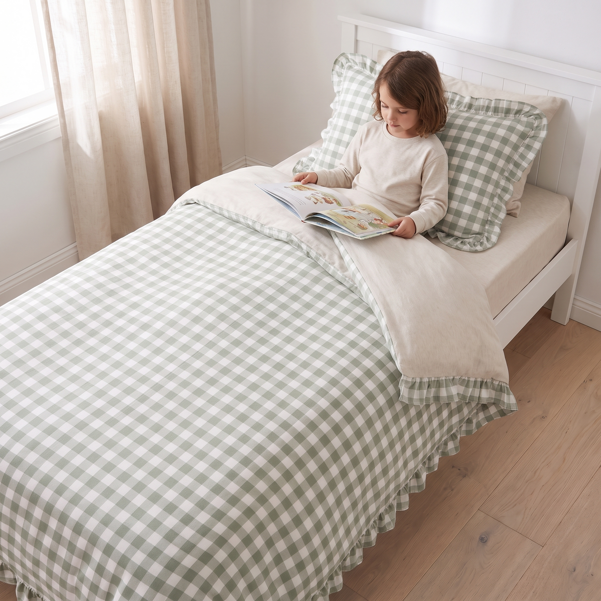 Single Quilt Cover and Ruffle Pillowcase Set, Sage Gingham