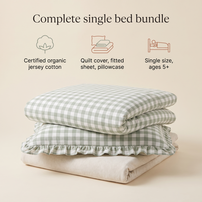 Single Quilt Cover and Ruffle Pillowcase Set, Sage Gingham