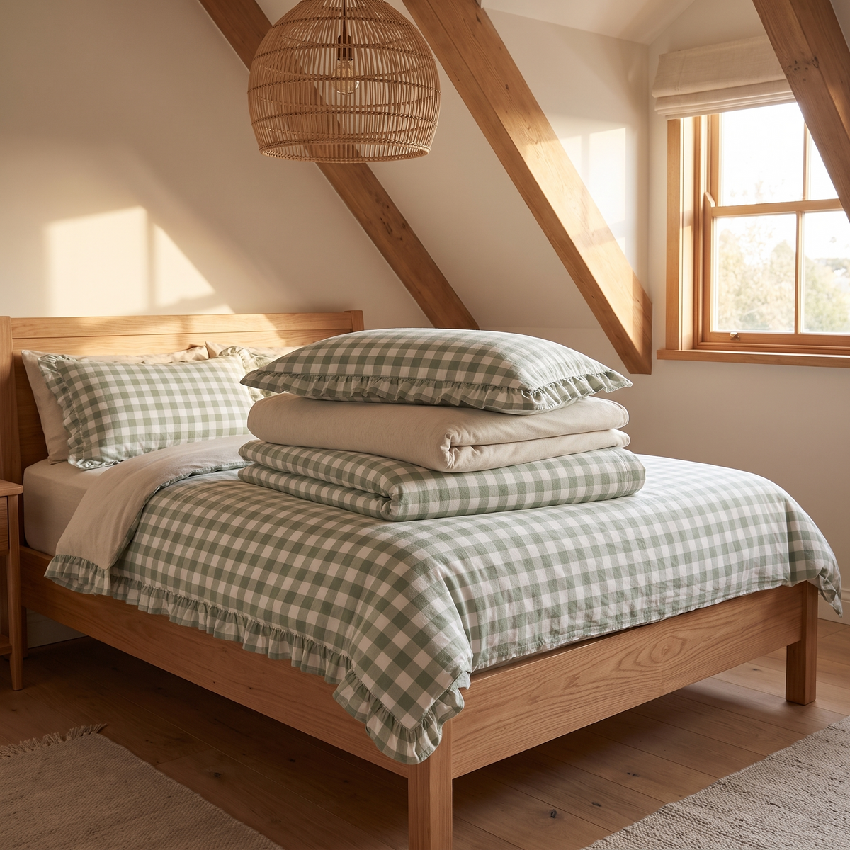 Single Quilt Cover and Ruffle Pillowcase Set, Sage Gingham