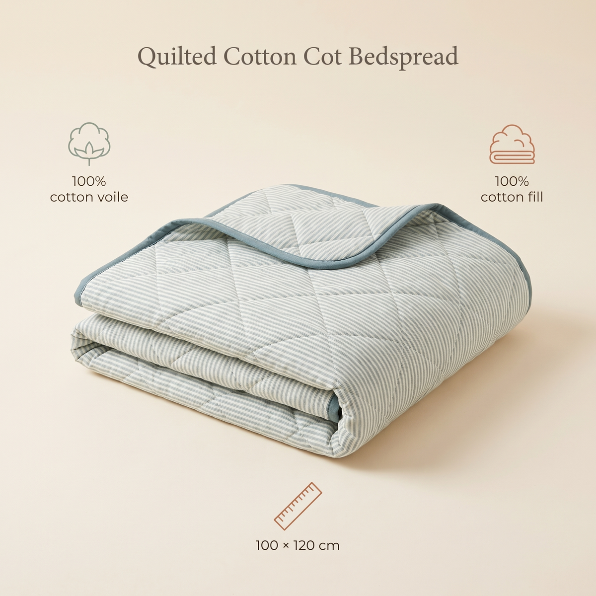 Quilted Cotton Voile Cot Bedspread with Cotton Fill, Sage Stripe – 100 x 120 cm
