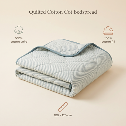 Quilted Cotton Voile Cot Bedspread with Cotton Fill, Sage Stripe – 100 x 120 cm