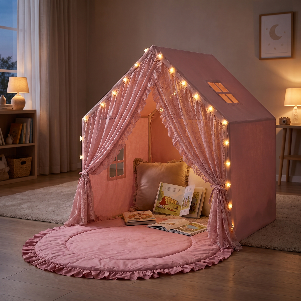 Lace Play Tent and Round Ruffle Play Mat Set with String Lights, Rose