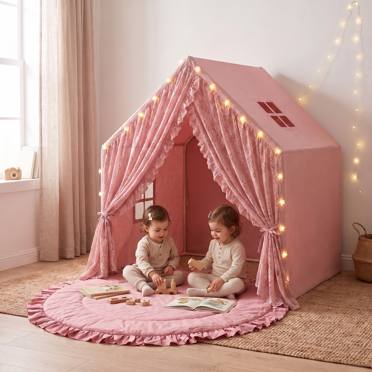 Lace Play Tent and Round Ruffle Play Mat Set with String Lights, Rose