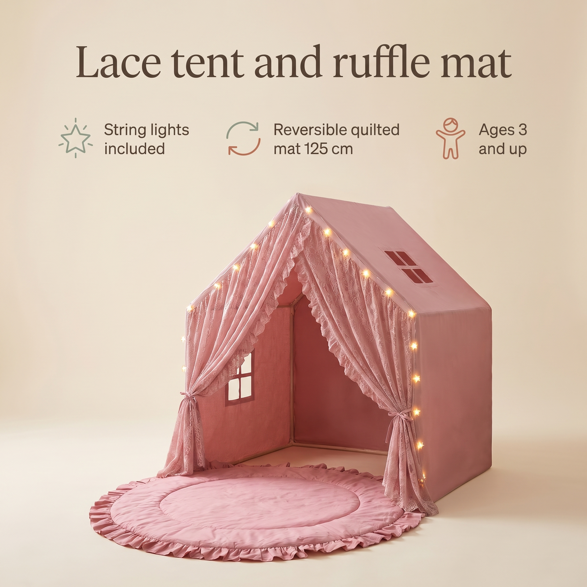 Lace Play Tent and Round Ruffle Play Mat Set with String Lights, Rose