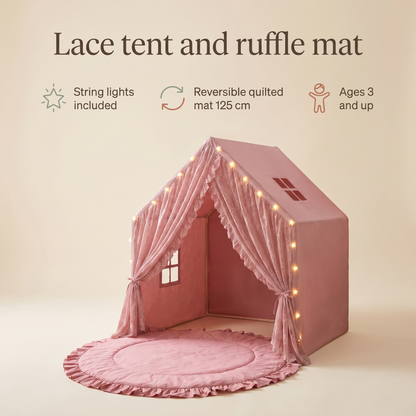 Lace Play Tent and Round Ruffle Play Mat Set with String Lights, Rose