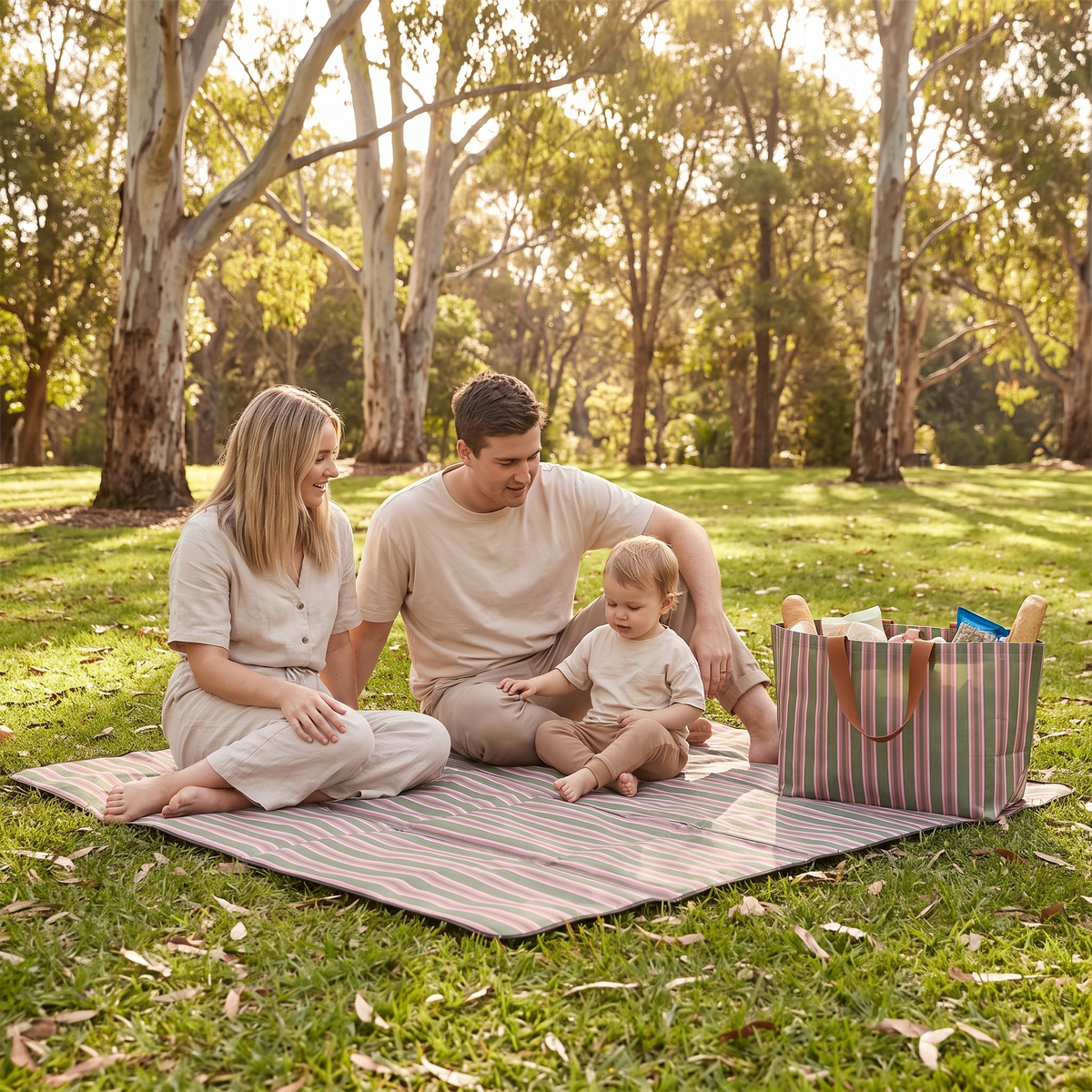 Roll-Up Picnic Rug and Woven Beach Bag Set, Olive Check