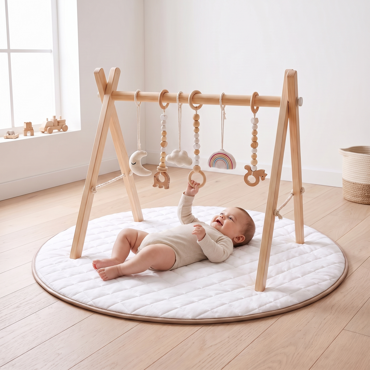 Wooden Play Gym Frame and Round Quilted Play Mat Set – Natural and Whisper White