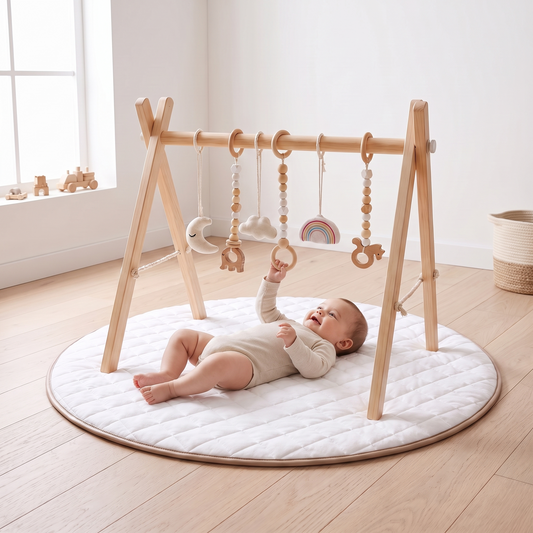 Wooden Play Gym Frame and Round Quilted Play Mat Set – Natural and Whisper White