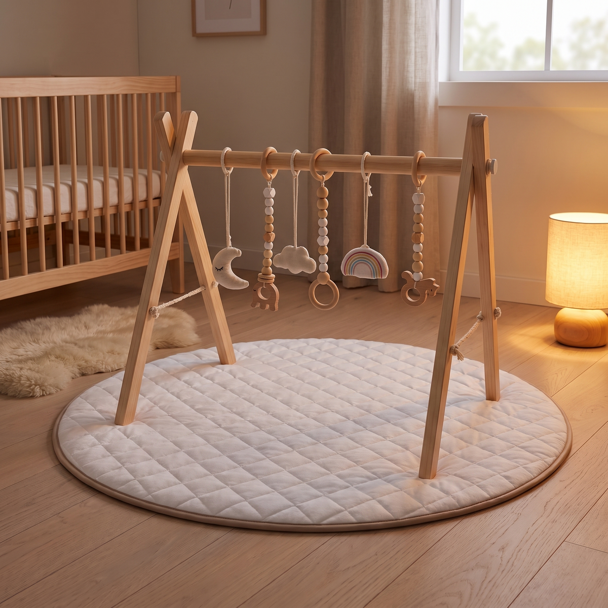 Wooden Play Gym Frame and Round Quilted Play Mat Set – Natural and Whisper White