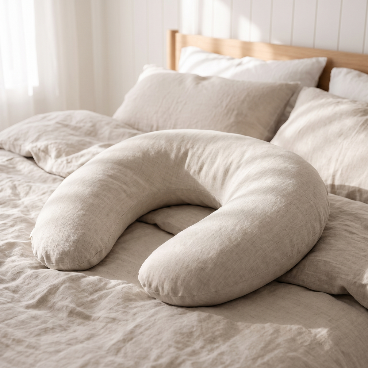 U-Shaped Linen Nursing Pillow with Removable Cover and Carry Bag, Natural Oat