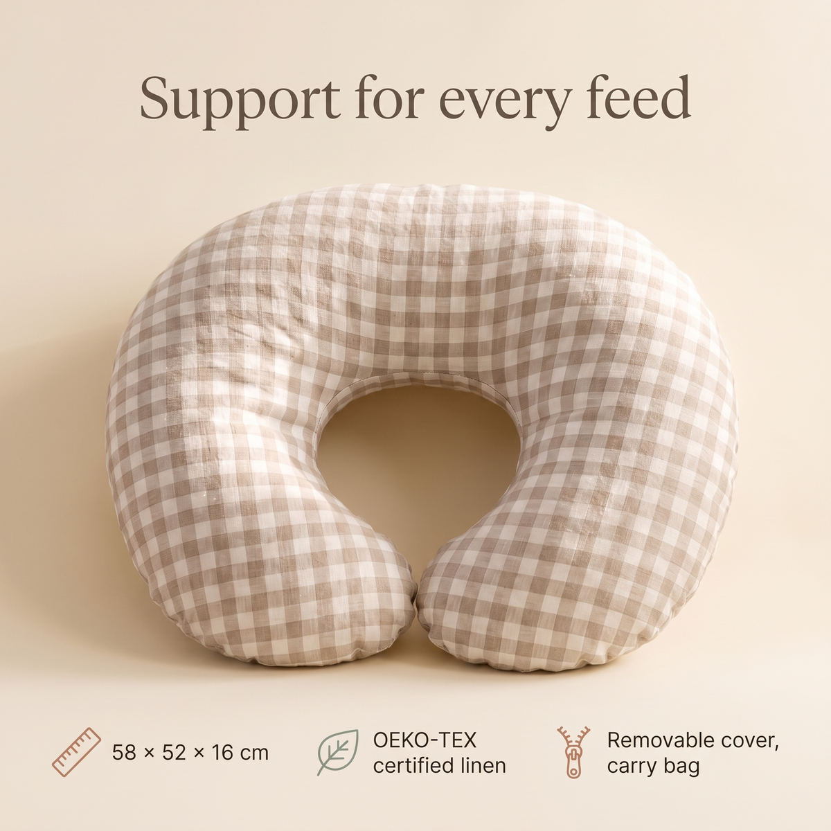 U-Shaped Linen Nursing Pillow with Removable Cover and Carry Bag, Oat Gingham