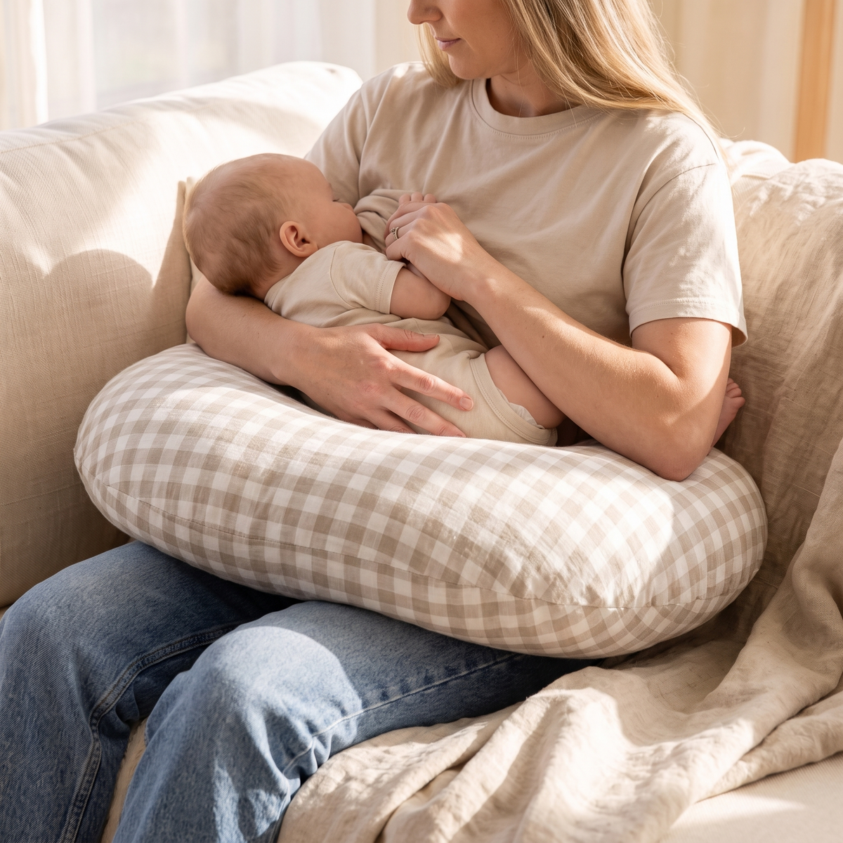 U-Shaped Linen Nursing Pillow with Removable Cover and Carry Bag, Oat Gingham