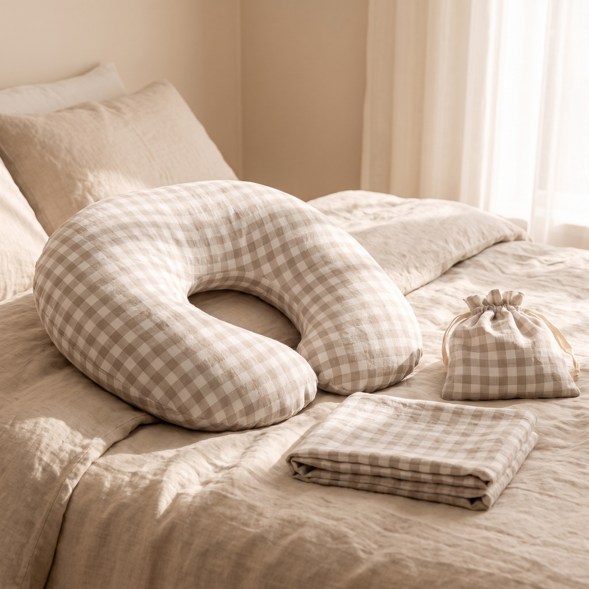 U-Shaped Linen Nursing Pillow with Removable Cover and Carry Bag, Oat Gingham