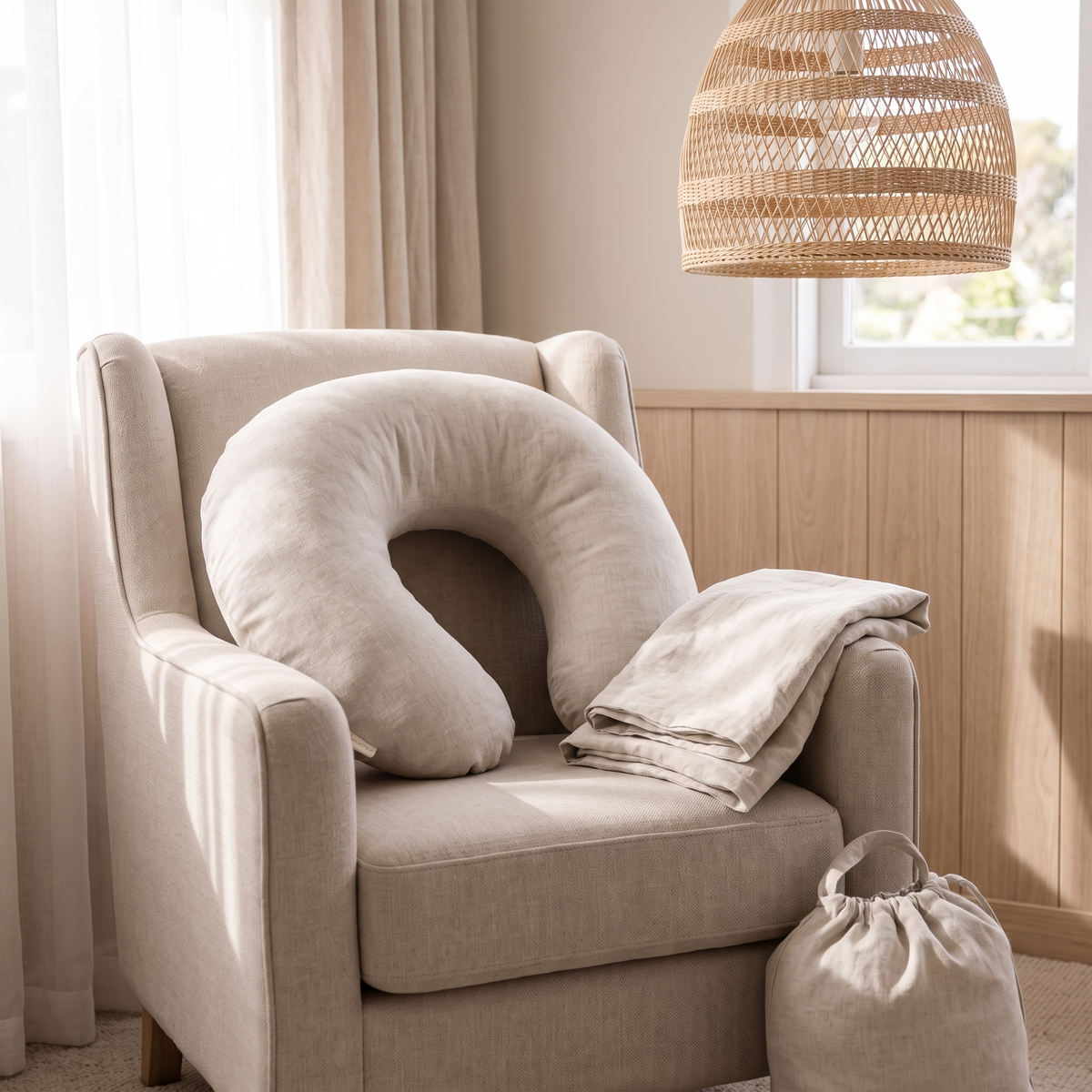U-Shaped Linen Nursing Pillow with Removable Cover and Carry Bag, Natural Oat