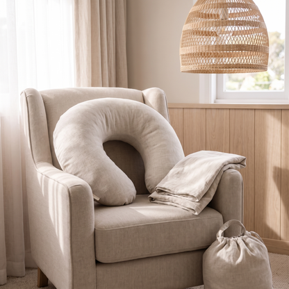 U-Shaped Linen Nursing Pillow with Removable Cover and Carry Bag, Natural Oat