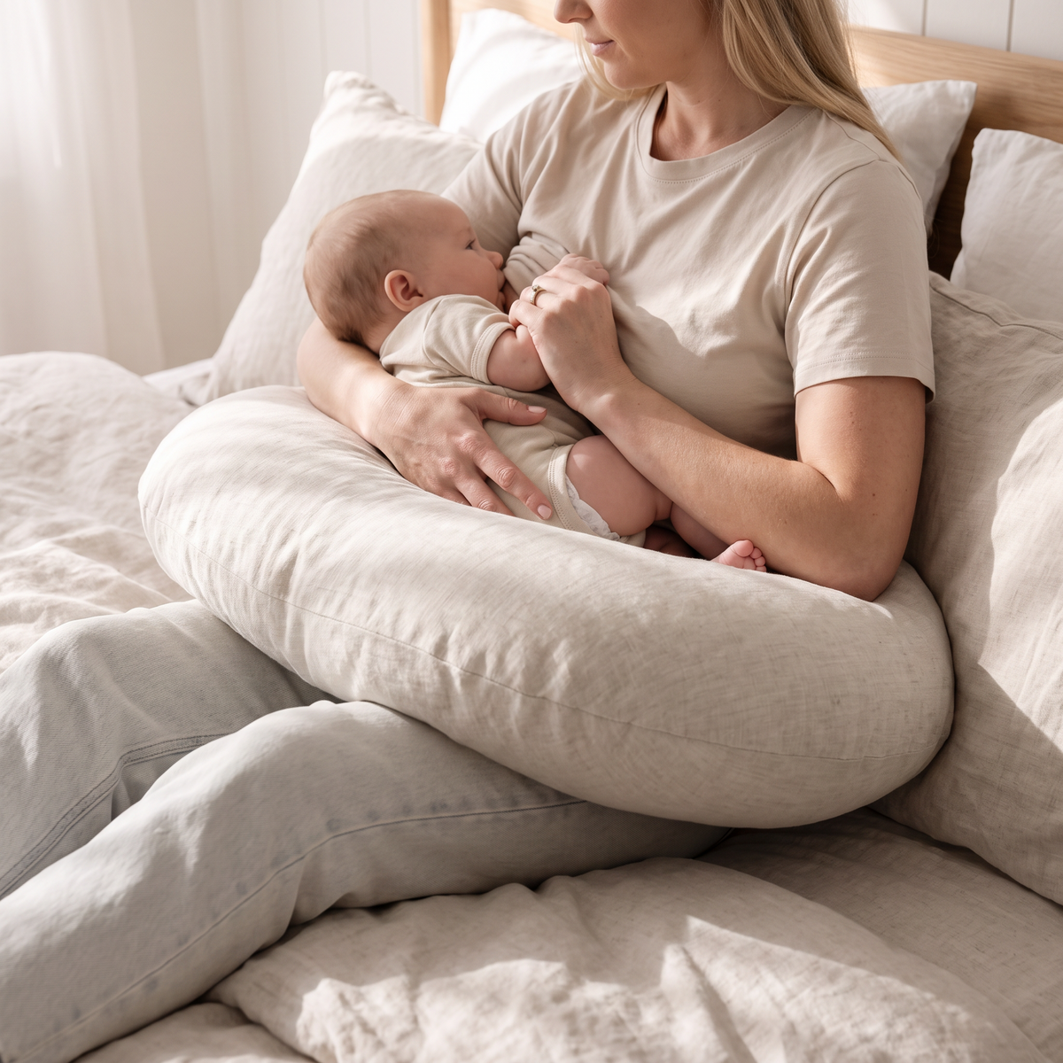 U-Shaped Linen Nursing Pillow with Removable Cover and Carry Bag, Natural Oat