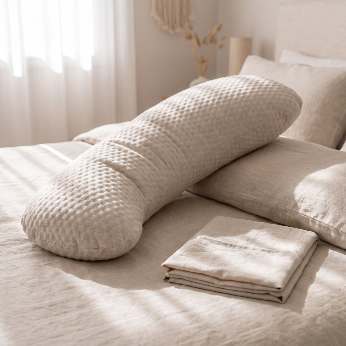 Large Maternity Pillow with Adjustable Fill and Washable Cover, Natural