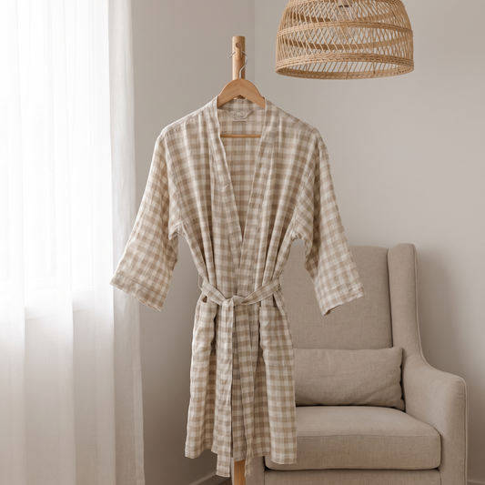 Women's French Linen Maternity and Hospital Robe, Oat Gingham