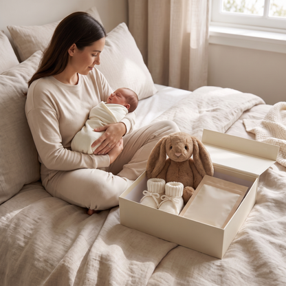 Mum and Baby Gift Box with Bamboo Swaddle, Bunny Toy and Booties, Oat