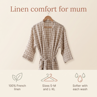 Women's French Linen Maternity and Hospital Robe, Oat Gingham