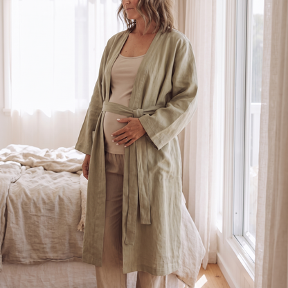 Women's French Linen Maternity and Hospital Robe, Sage