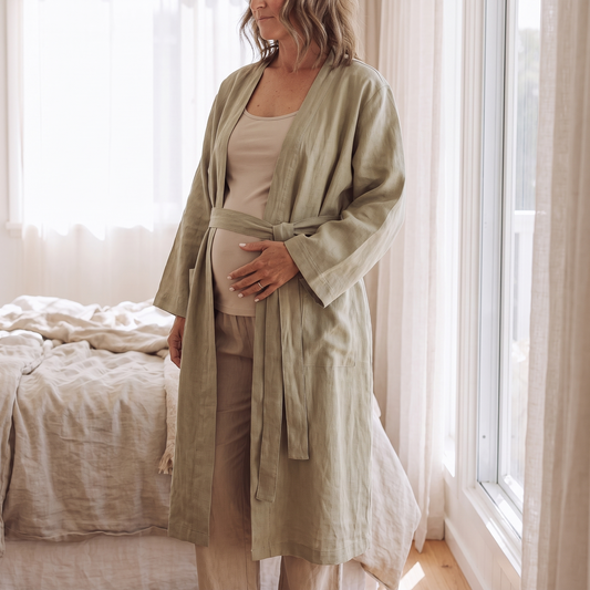 Women's French Linen Maternity and Hospital Robe, Sage