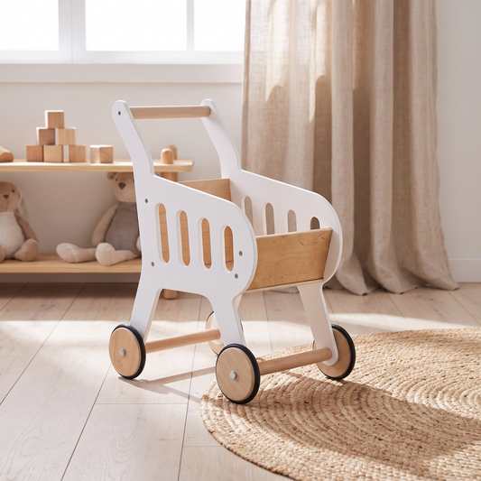 Wooden Toy Shopping Trolley in Birch Plywood, White – 54 cm Tall