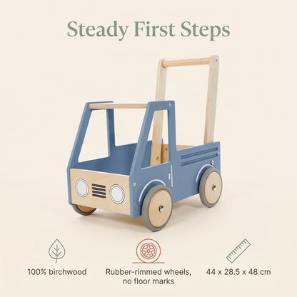 Wooden Push Truck Walker with Storage Box – Birchwood, Steel Blue