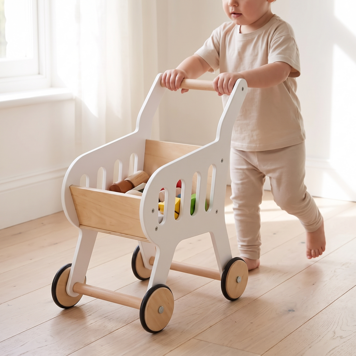 Wooden Toy Shopping Trolley in Birch Plywood, White – 54 cm Tall