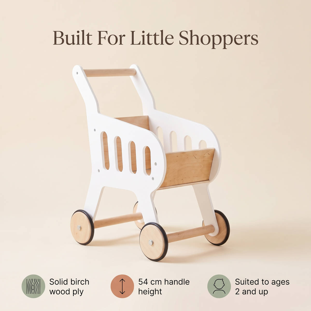 Wooden Toy Shopping Trolley in Birch Plywood, White – 54 cm Tall