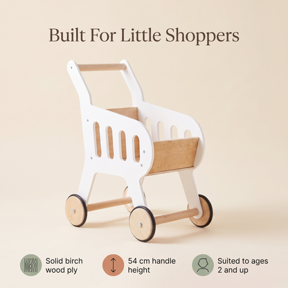 Wooden Toy Shopping Trolley in Birch Plywood, White – 54 cm Tall