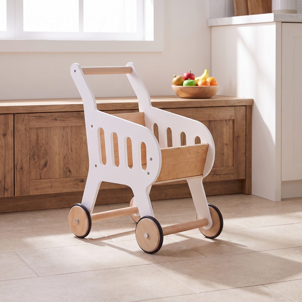 Wooden Toy Shopping Trolley in Birch Plywood, White – 54 cm Tall