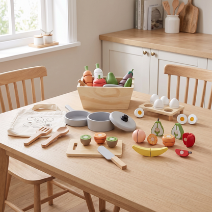 Wooden Play Food Set with Veggie Crate, Fruit, Eggs, Pot and Pan