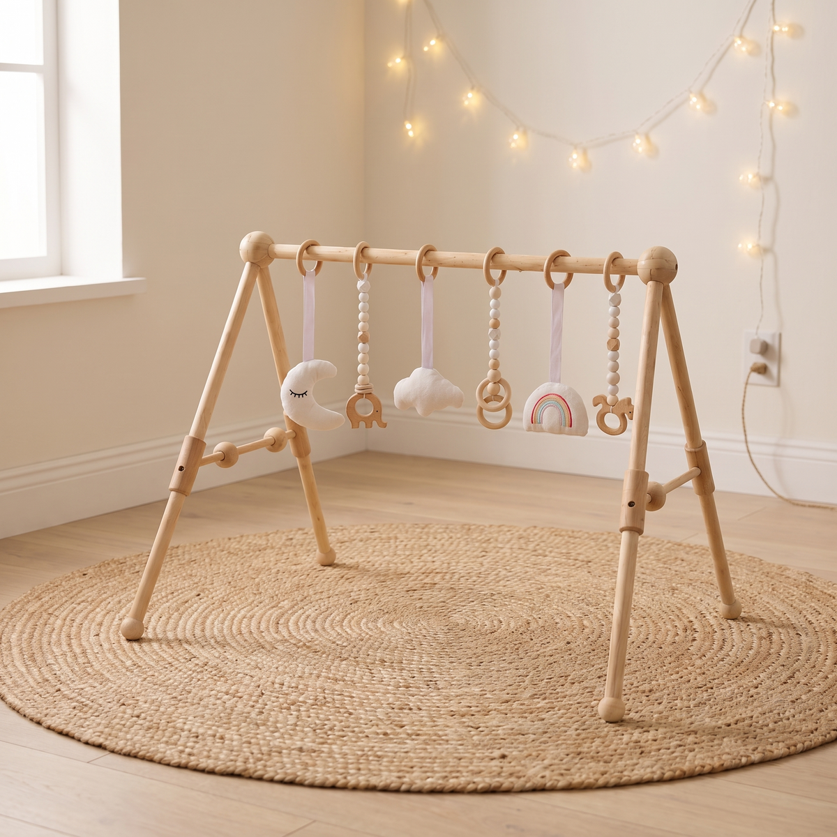 Wooden Baby Play Gym with Hanging Sensory Toys – Natural Wood